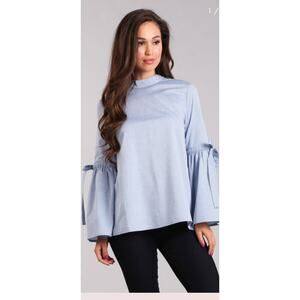 BLVD large chambray mock neck long bell sleeves back button closure cotton blue